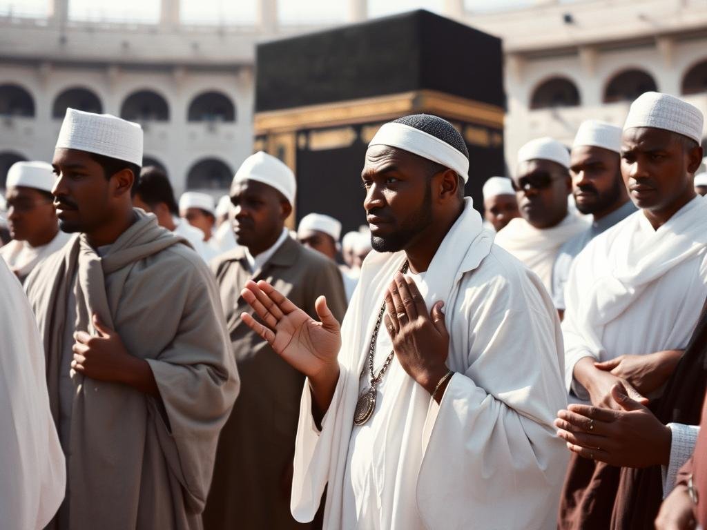 Malcolm X during his pilgrimage to Mecca in 1964, wearing traditional white ihram garments