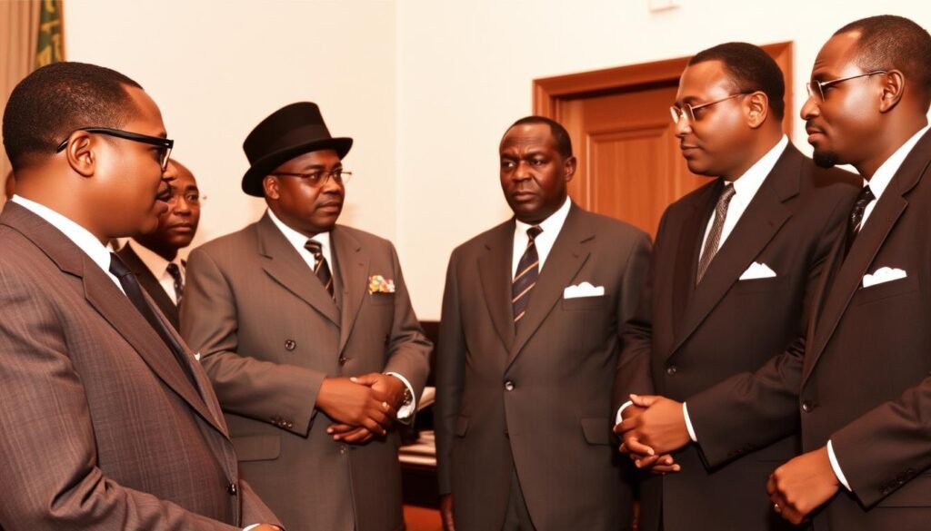 Malcolm X meeting with African leaders during his travels to Africa in 1964