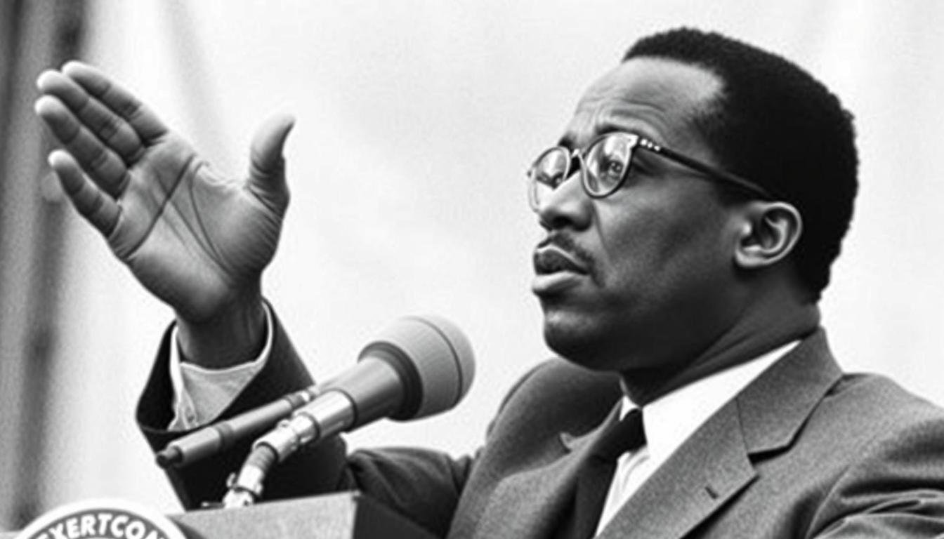 Malcolm X speaking at the founding rally of the Organization of Afro-American Unity in 1964, where he first used the phrase 'by any means necessary'