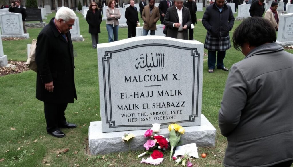Malcolm X's grave with visitors paying respects, symbolizing his enduring legacy
