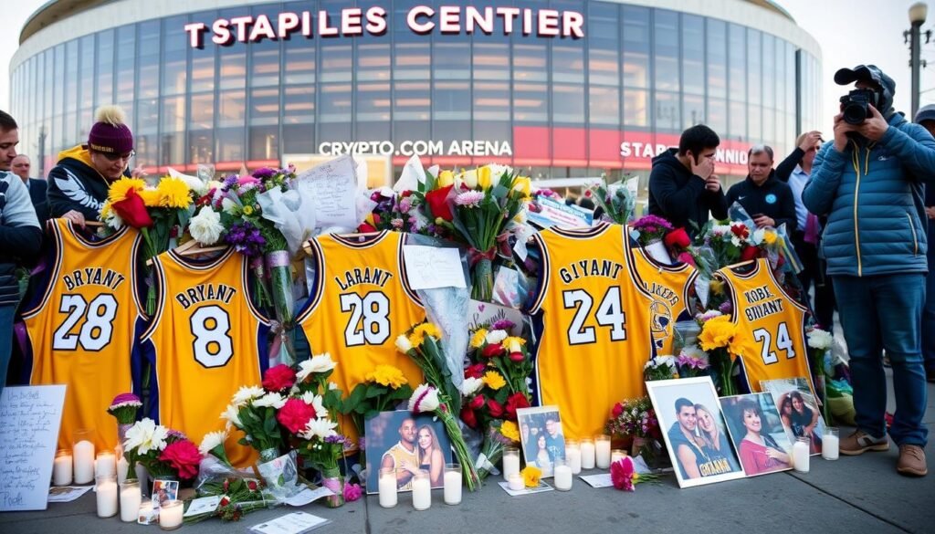 Memorial tributes to Kobe and Gianna Bryant with flowers and Lakers jerseys