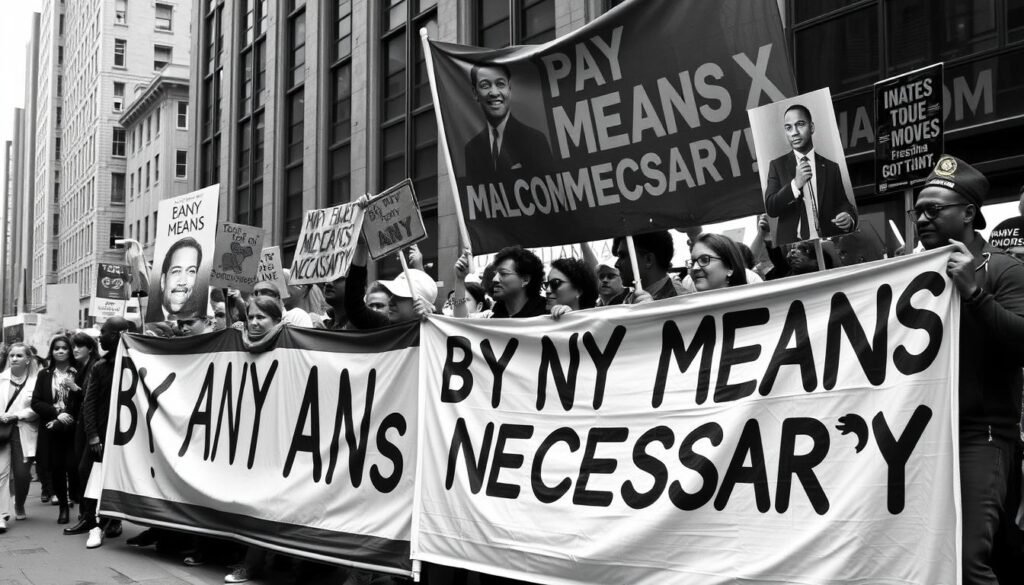 Modern political activists using Malcolm X's 'By Any Means Necessary' slogan on banners and signs