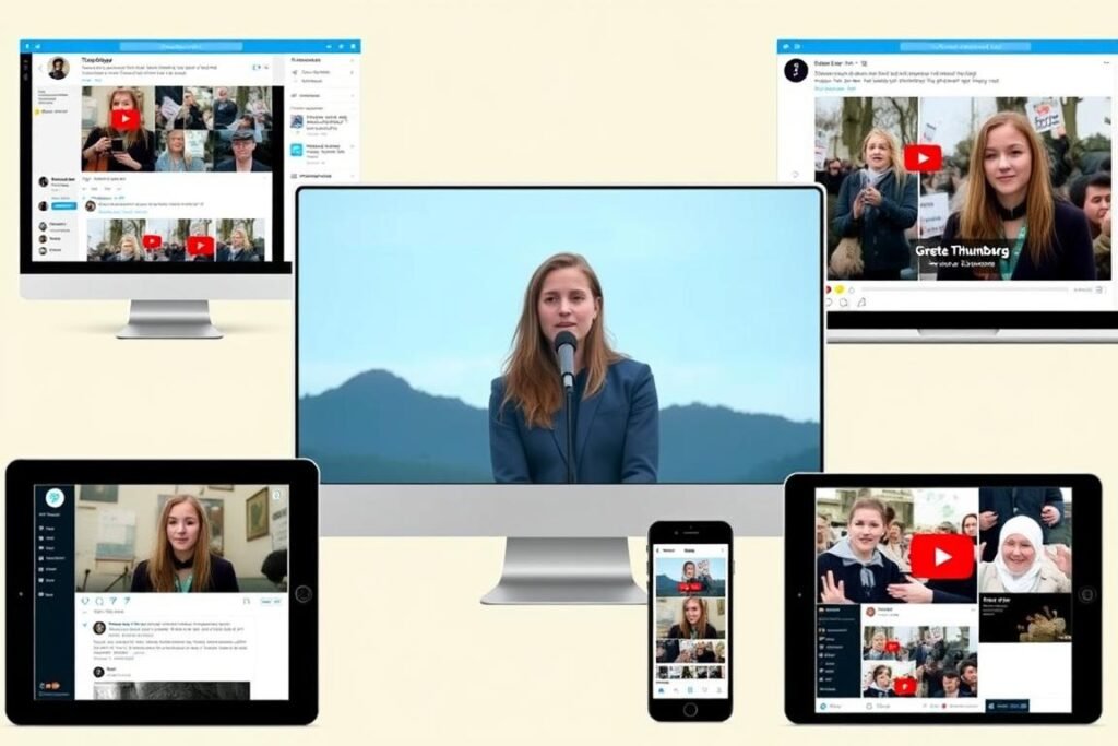 Multiple screens showing Greta Thunberg climate activism content across different social media platforms