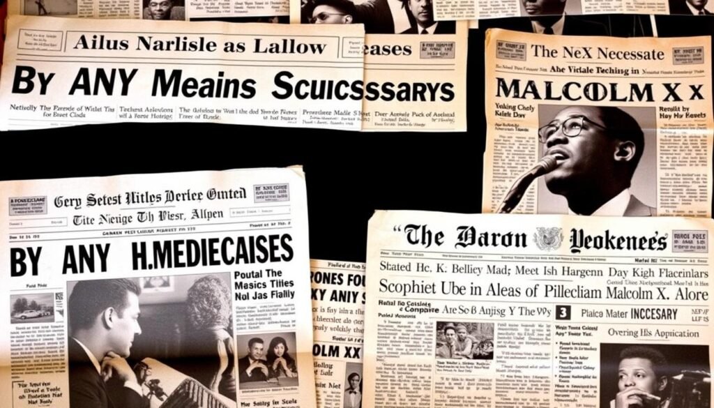 Newspaper headlines criticizing Malcolm X's philosophy during the 1960s