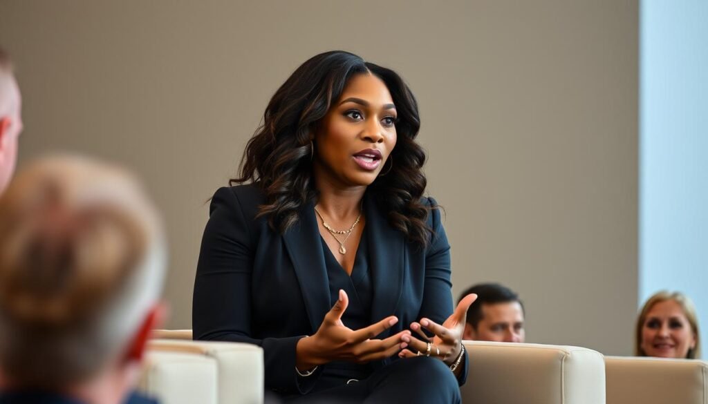 Serena Williams speaking at a business conference about her entrepreneurial ventures