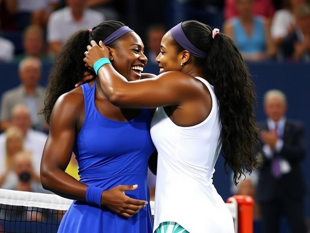 Serena and Venus Williams embracing after a match, showing their sisterly bond