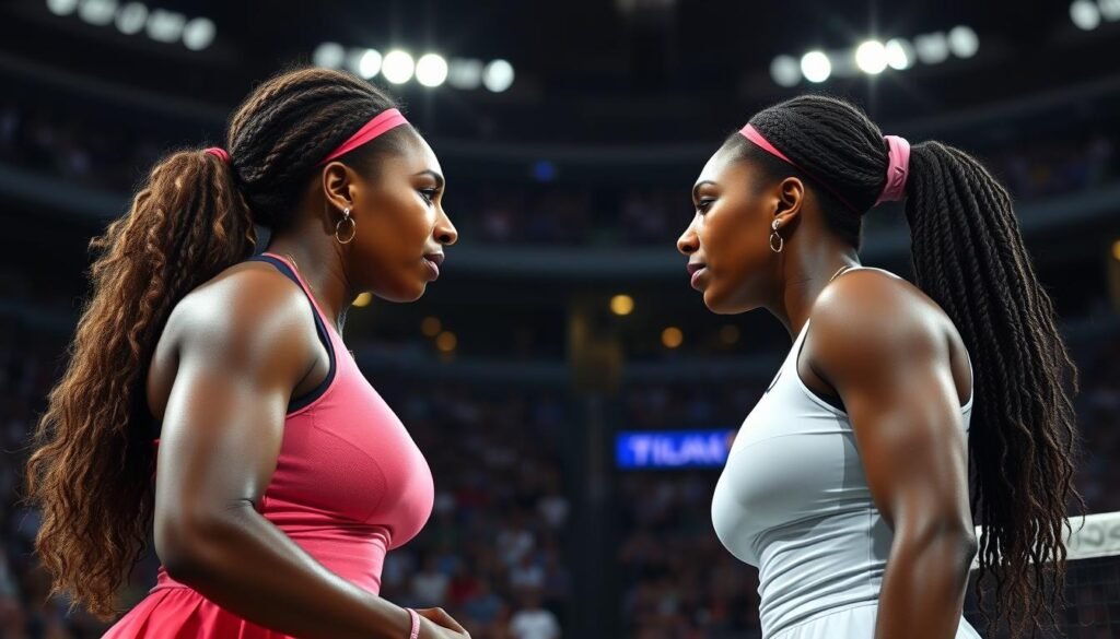 Serena and Venus Williams facing each other across the net at a Grand Slam final