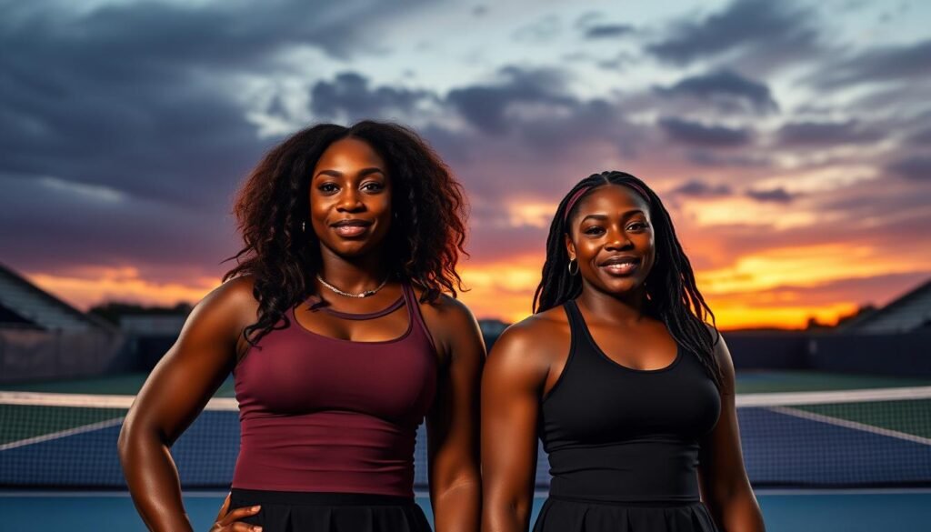 Serena and Venus Williams standing together on a tennis court, representing their journey and legacy