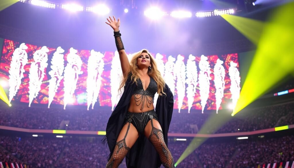 Shakira performing at the Super Bowl Halftime Show, a defining cultural moment that cemented her status as a Global Pop Empress