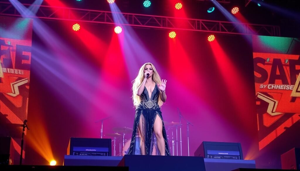 Shakira performing her viral hit 'Bzrp Music Sessions, Vol. 53', demonstrating her continued relevance as a Global Pop Empress in the streaming era