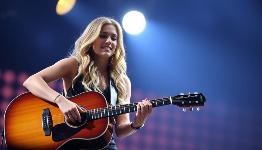 Shakira playing guitar during a performance, showcasing her musicianship as a Global Pop Empress who blends multiple genres