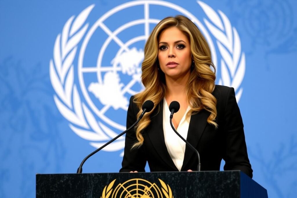 Shakira speaking at the United Nations as a UNESCO Goodwill Ambassador, representing her role beyond being a Global Pop Empress
