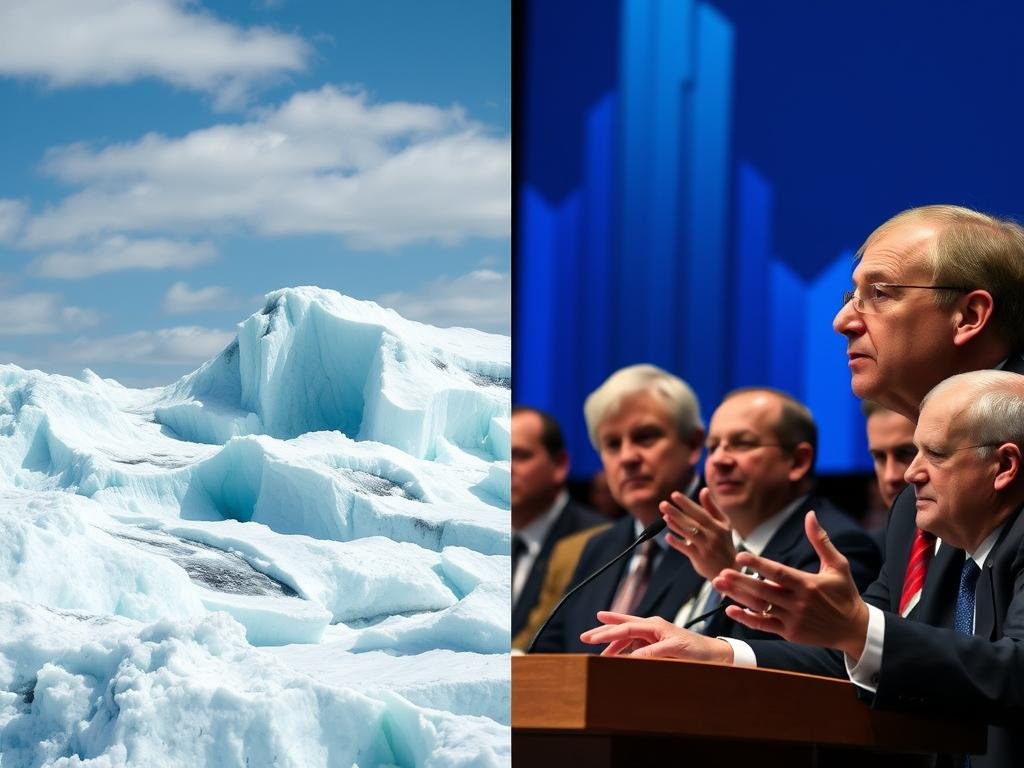 Split image showing climate science data charts next to politicians debating climate policy