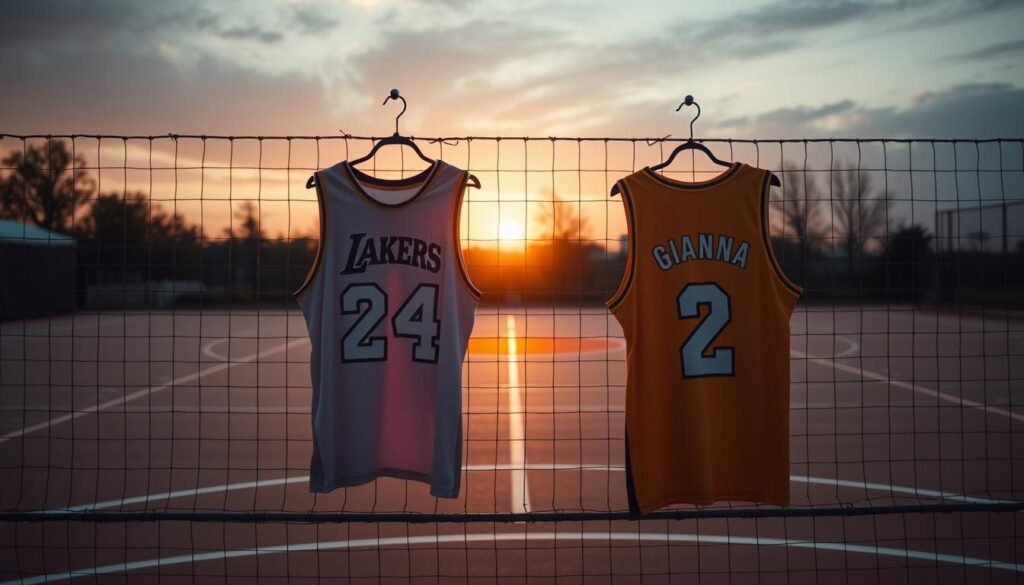 Sunset over a basketball court with Kobe and Gianna jerseys hanging side by side