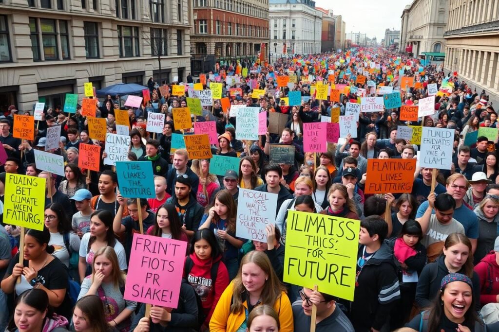 Thousands of young people participating in a Fridays For Future climate strike, holding signs about Greta Thunberg climate activism