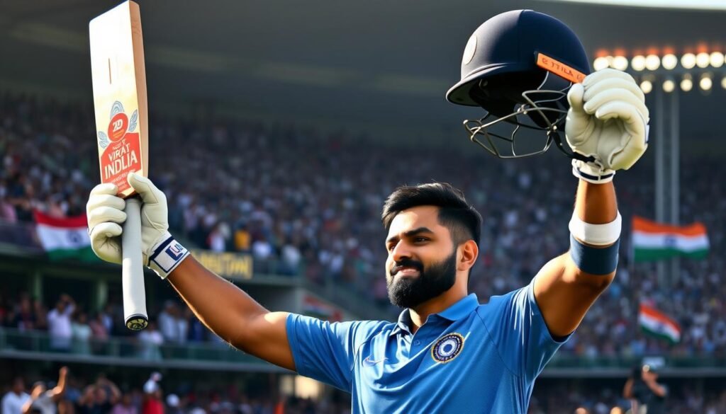 Virat Kohli acknowledging fans with raised bat after scoring a century