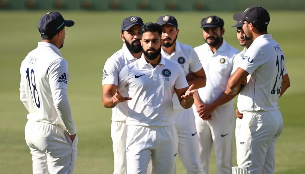 Virat Kohli as captain giving instructions to his teammates during a Test match