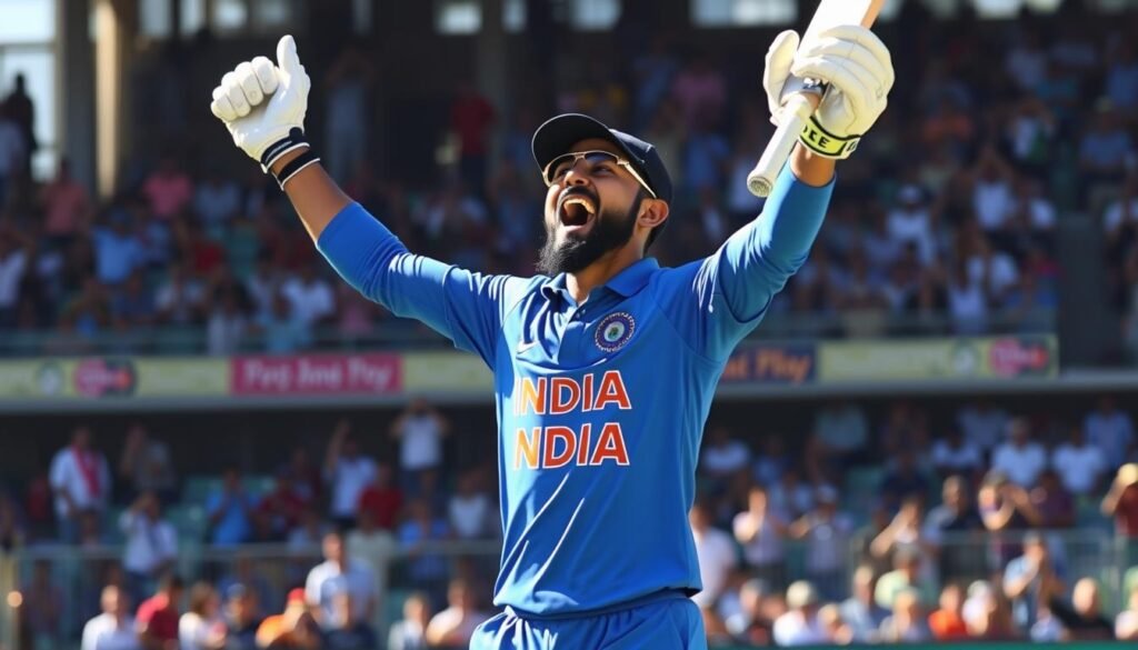 Virat Kohli celebrating his century with arms raised during an international match