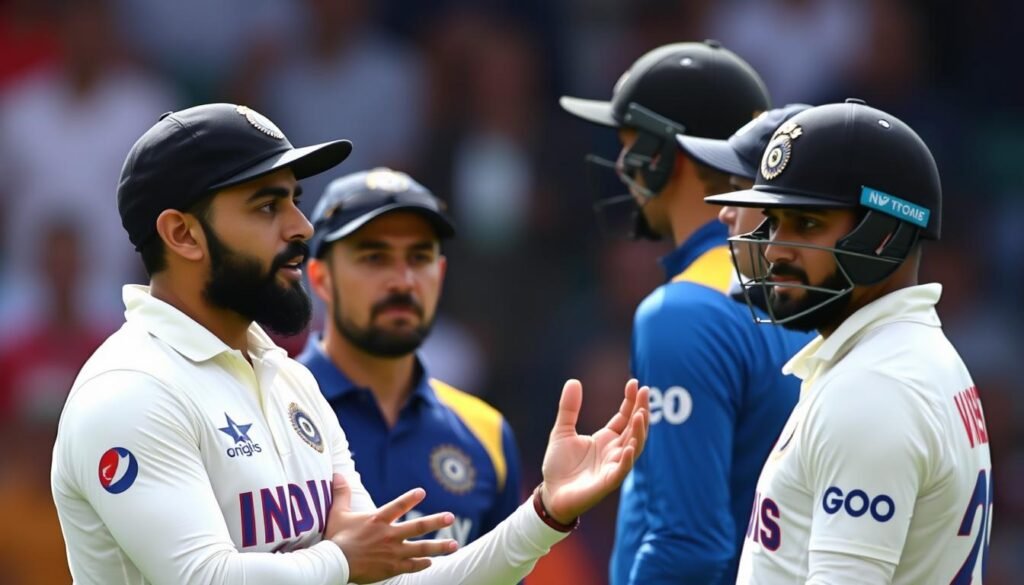 Virat Kohli in an animated on-field discussion with opposition players during a heated match moment