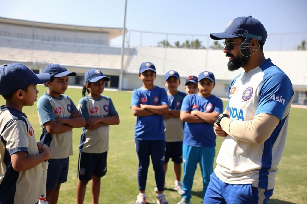 Virat Kohli interacting with young cricketers at a training camp