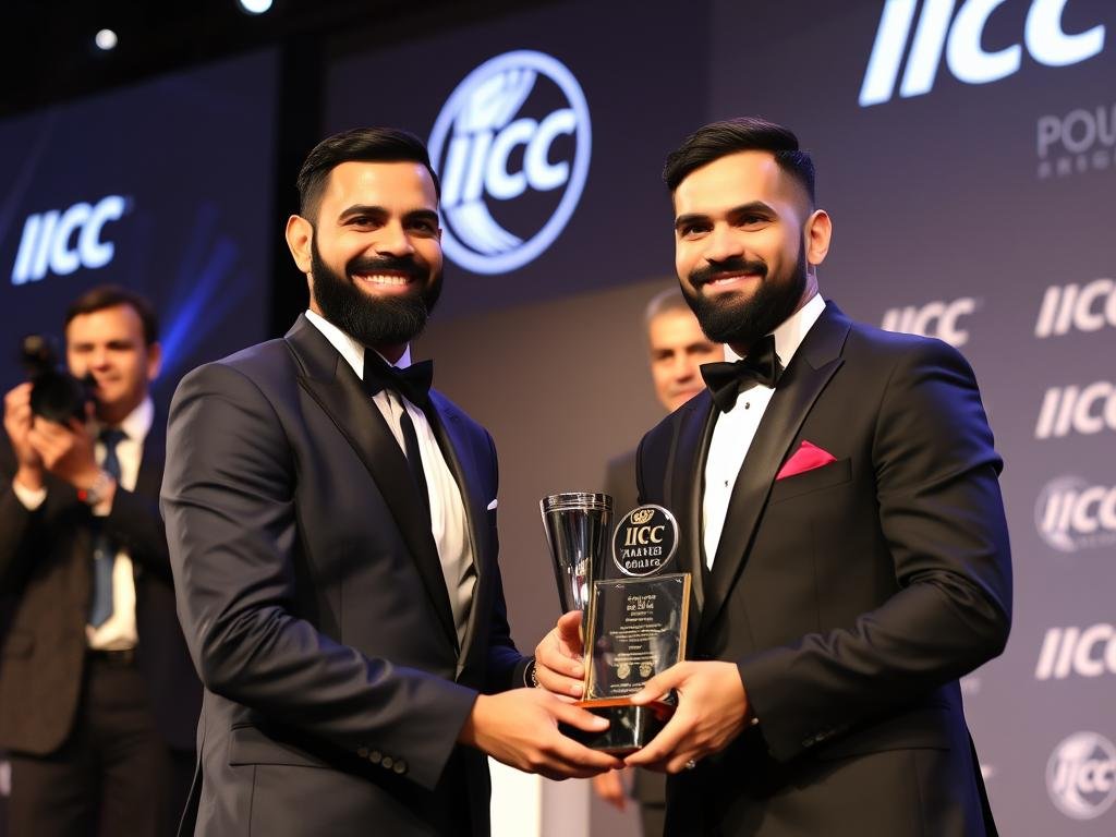 Virat Kohli receiving an ICC award at a formal ceremony