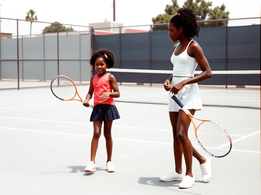 Young Serena and Venus Williams practicing tennis in Compton with their father Richard Williams