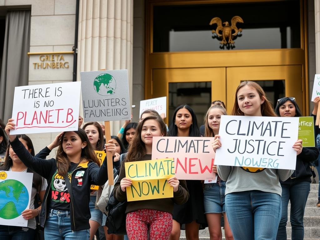 Young climate activists protesting outside a government building with Greta Thunberg climate activism signs
