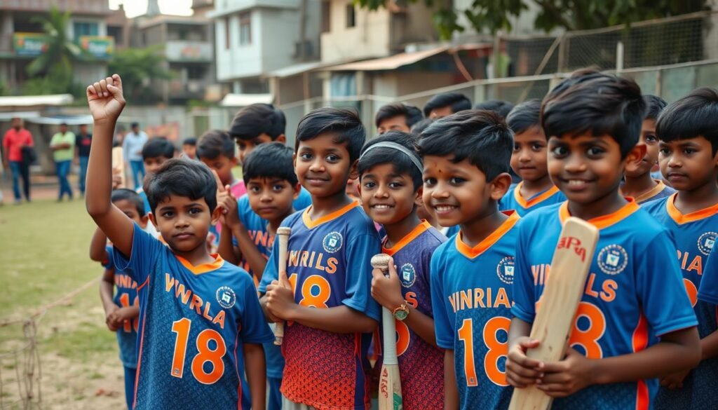 Young cricket fans in India wearing Virat Kohli jerseys and imitating his batting style