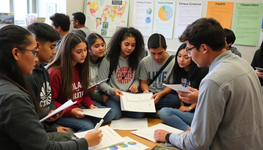 Young people studying climate science materials at a Fridays For Future educational workshop