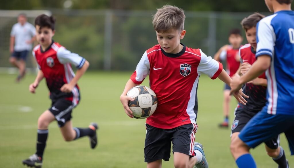 Cristiano Ronaldo Jr. demonstrating his skills during a youth match