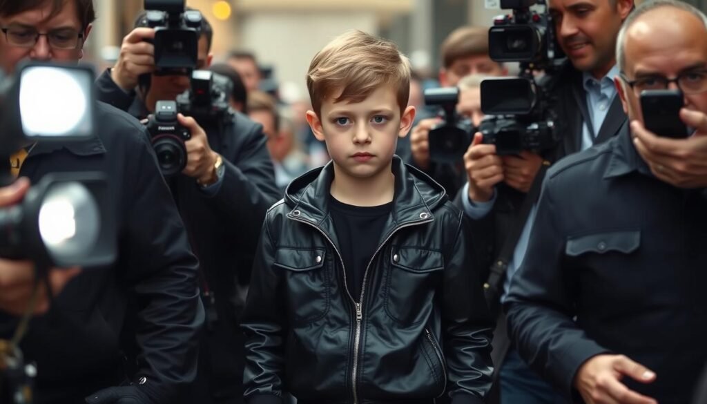 Cristiano Ronaldo Jr. facing media attention at a public event with photographers and journalists