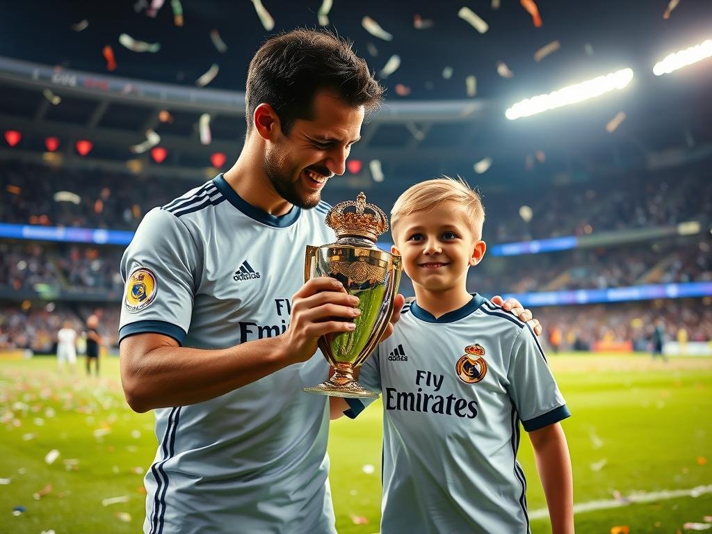 Cristiano Ronaldo Jr. on the pitch with his father after a Champions League match