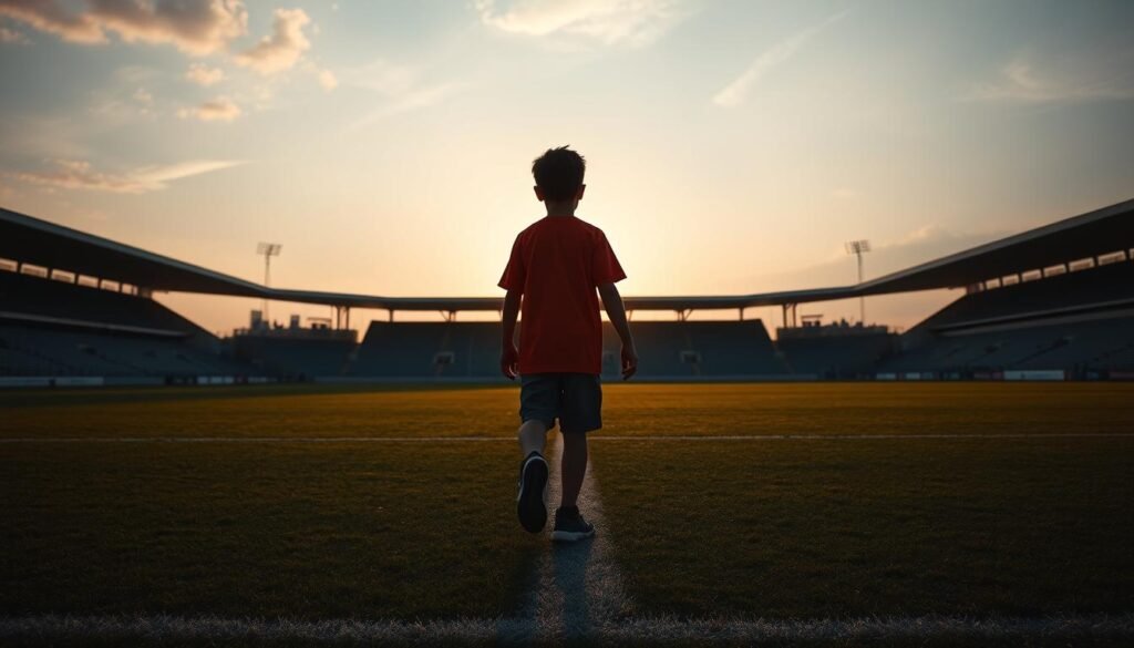 Cristiano Ronaldo Jr. walking onto a football pitch, symbolizing his journey forward