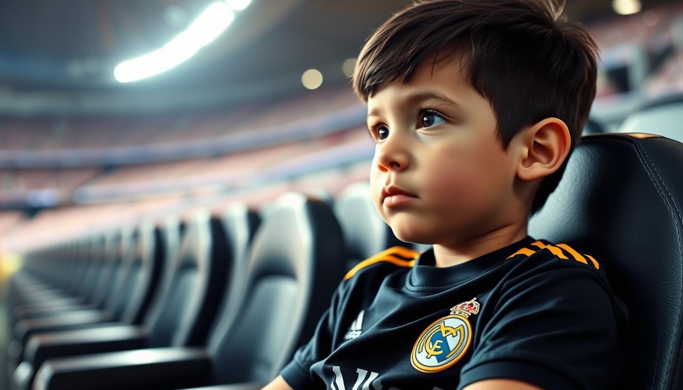 Young Cristiano Ronaldo Jr. watching his father play from the stands at Santiago Bernabéu Stadium